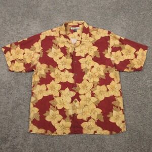 Tommy Bahama Shirt Mens Large Red Floral 100% Silk Loop Collar Aloha Button Up